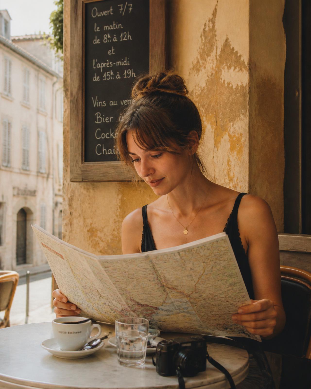 Larissa planejando uma viagem em um café europeu ensolarado